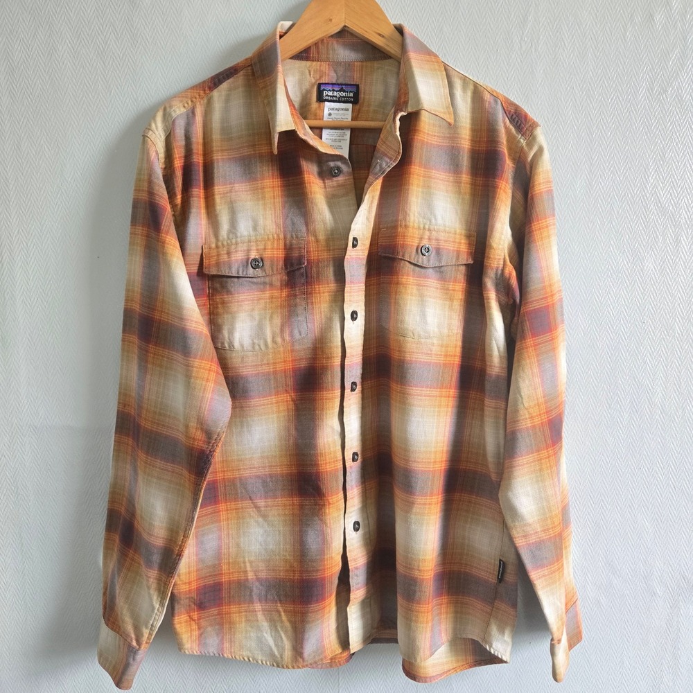 Patagonia Organic Cotton Plaid Button Down Shirt Orange Gorpcore Cabin Mens M